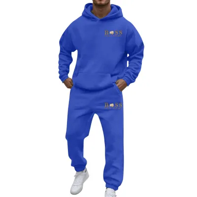 Men Fashion Printed Hoodies Two-Piece Set Long Sleeve Loose Pants Thickening Casual