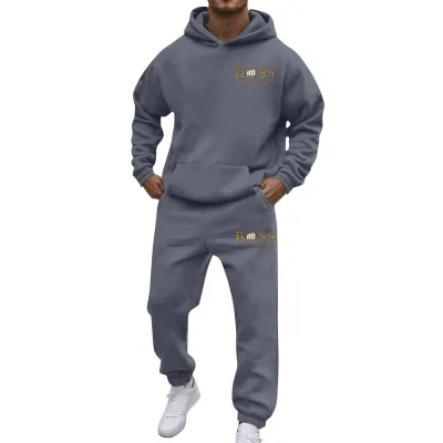 Men Fashion Printed Hoodies Two-Piece Set Long Sleeve Loose Pants Thickening Casual
