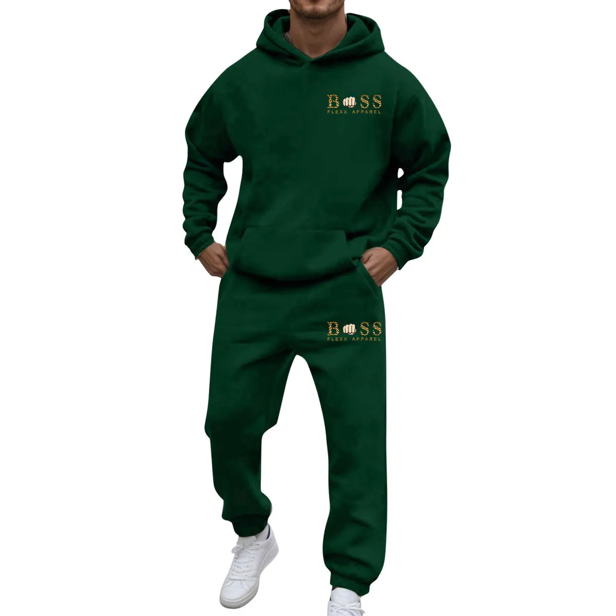 Men Fashion Printed Hoodies Two-Piece Set Long Sleeve Loose Pants Thickening Casual
