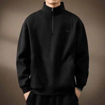 Men Fashion Autumn Solid Color Fleece-Lined Stand Collar Long-Sleeve Loose Sweatshirt