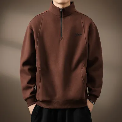 Men Fashion Autumn Solid Color Fleece-Lined Stand Collar Long-Sleeve Loose Sweatshirt