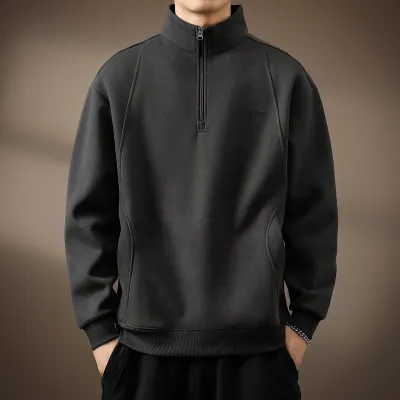 Men Fashion Autumn Solid Color Fleece-Lined Stand Collar Long-Sleeve Loose Sweatshirt