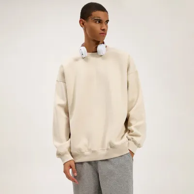 Men Fashion Casual Solid Color Round-Neck Long-Sleeve Cotton Sweatshirt Loose Fit