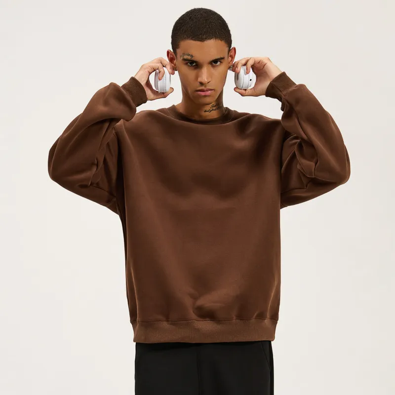 Men Fashion Casual Solid Color Round-Neck Long-Sleeve Cotton Sweatshirt Loose Fit