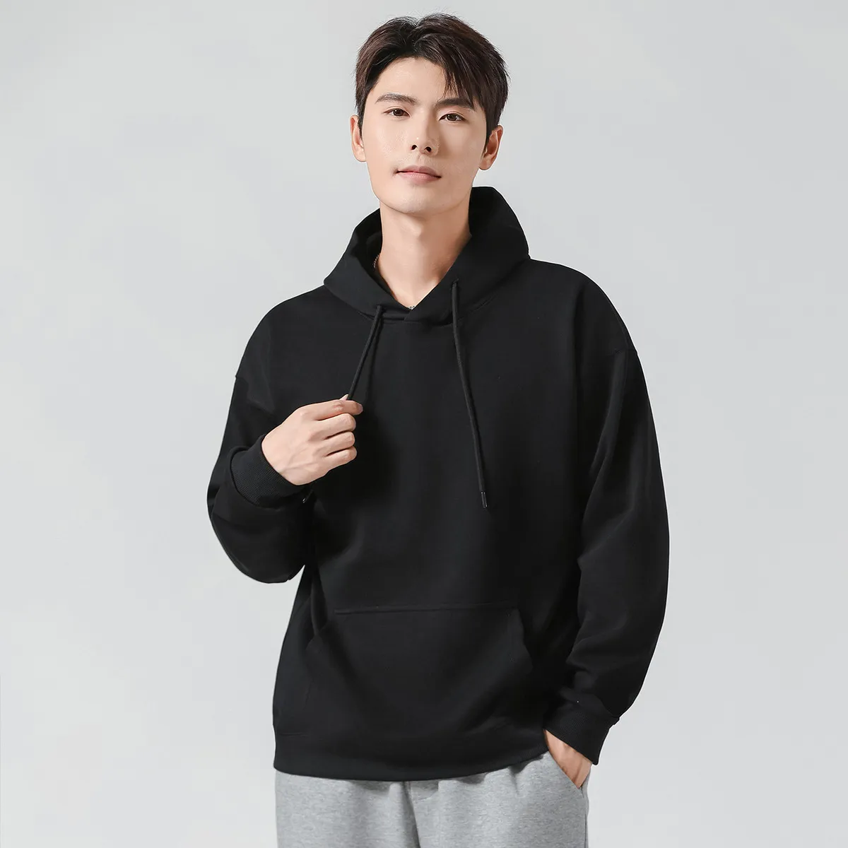 Men Fashion Casual Autumn Winter Solid Color Thickened Loose Hoodie