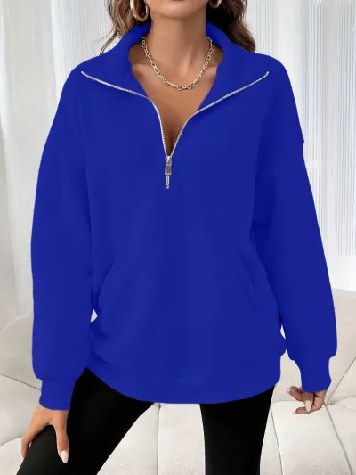 Women Fashion Casual Autumn Winter Solid Color Lapel Long Sleeve Loose Sweatshirt