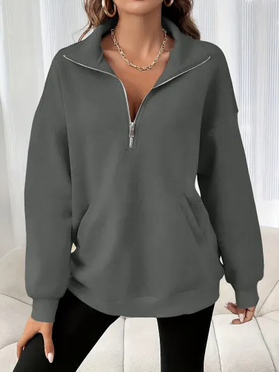 Women Fashion Casual Autumn Winter Solid Color Lapel Long Sleeve Loose Sweatshirt