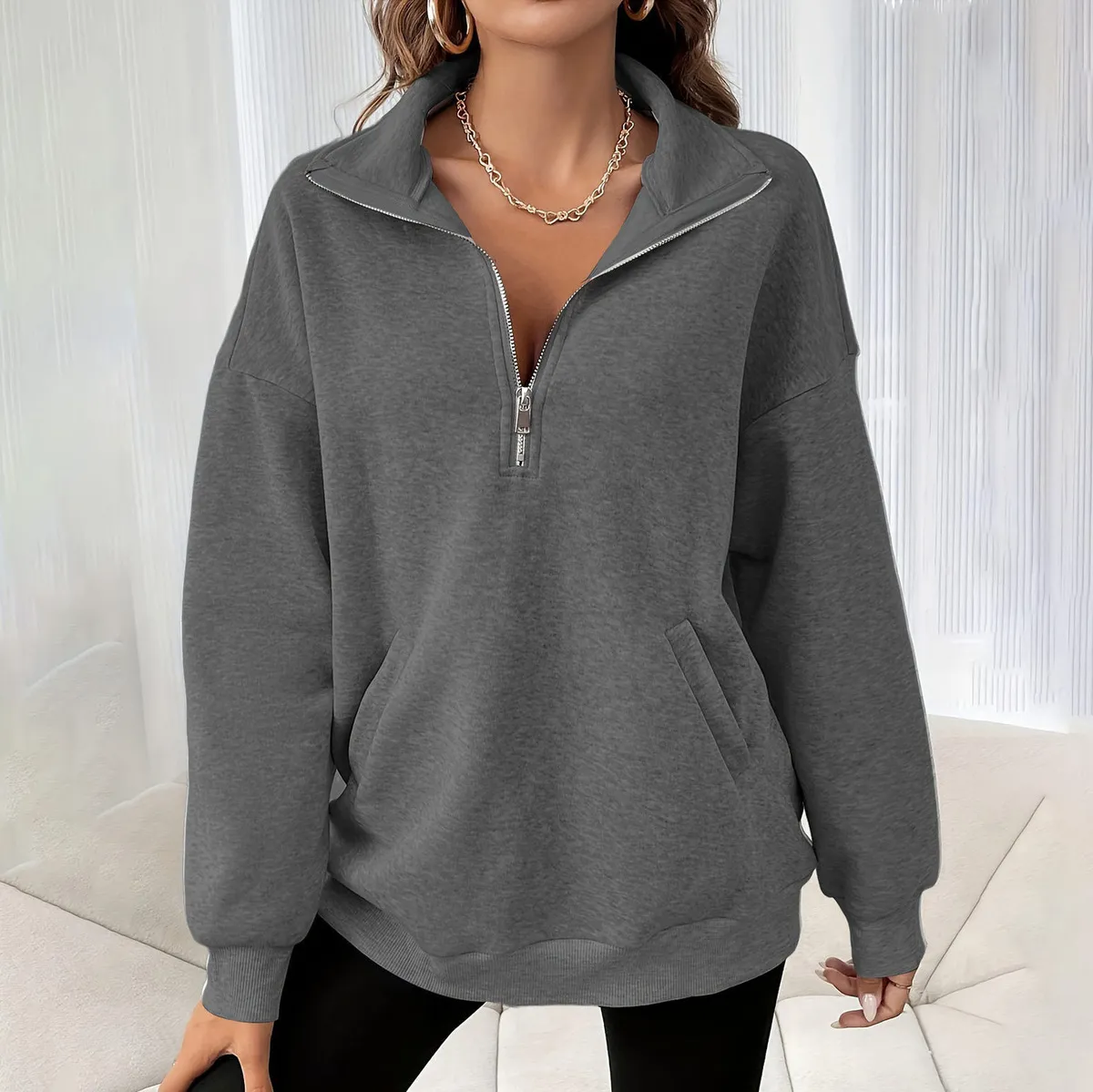 Women Fashion Casual Autumn Winter Solid Color Lapel Long Sleeve Loose Sweatshirt