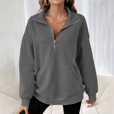 Women Fashion Casual Autumn Winter Solid Color Lapel Long Sleeve Loose Sweatshirt