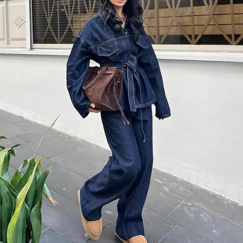 Women Casual Denim Lapel Long-Sleeve Lace-Up Coat Loose Jeans Two-Piece Set