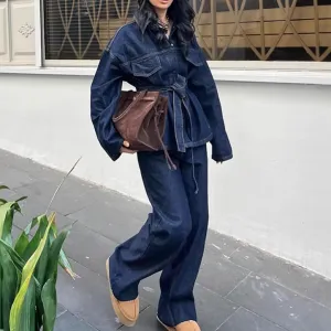Women Casual Denim Lapel Long-Sleeve Lace-Up Coat Loose Jeans Two-Piece Set