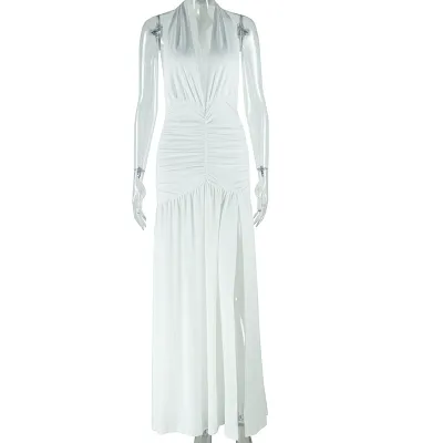 Women Fashion Sexy Solid Color Deep V-Neck Sleeveless Pleated Split Midi Dress