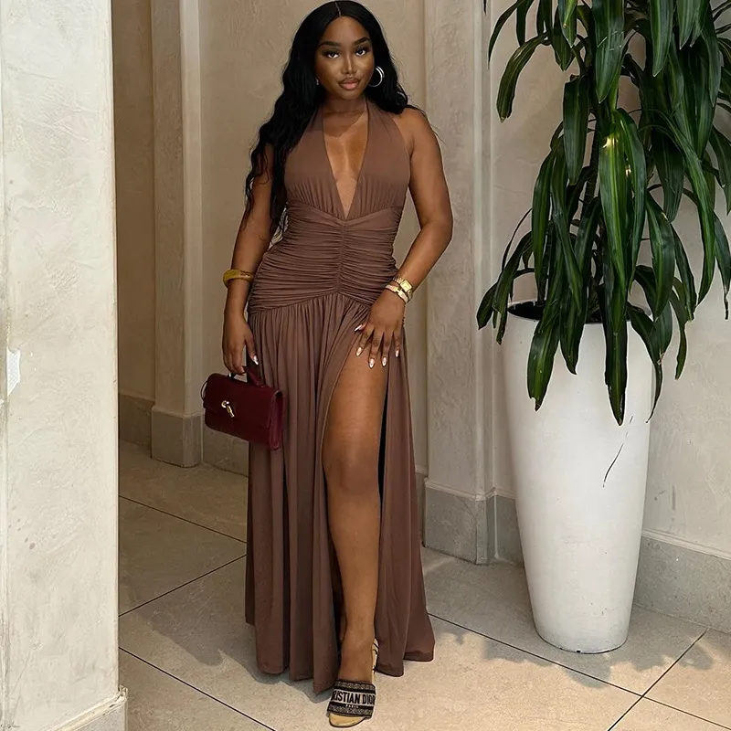 Women Fashion Sexy Solid Color Deep V-Neck Sleeveless Pleated Split Midi Dress