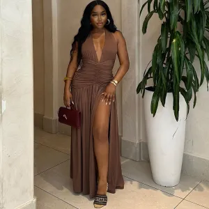 Women Fashion Sexy Solid Color Deep V-Neck Sleeveless Pleated Split Midi Dress