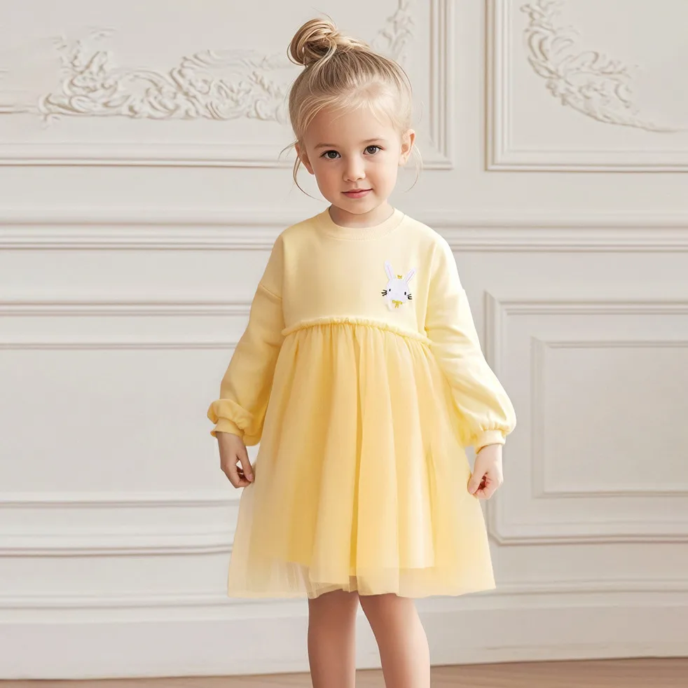 Kids Girls Cute Cartoon Autumn Splicing Long-Sleeve Mesh Dress