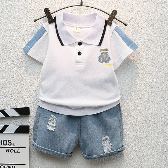 Kids Boys Fashion Casual Cartoon Bear Printed Lapel Short Sleeve T-Shirt Denim Shorts Two-Piece Set
