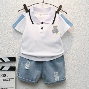 Kids Boys Fashion Casual Cartoon Bear Printed Lapel Short Sleeve T-Shirt Denim Shorts Two-Piece Set