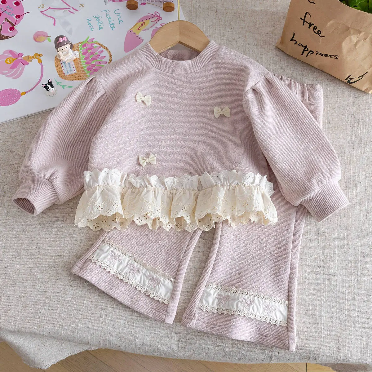 Kids Girls Clothing Elegant Autumn Bowknot Lace Edge Long-Sleeve Top Loose Pants Two-Piece Set