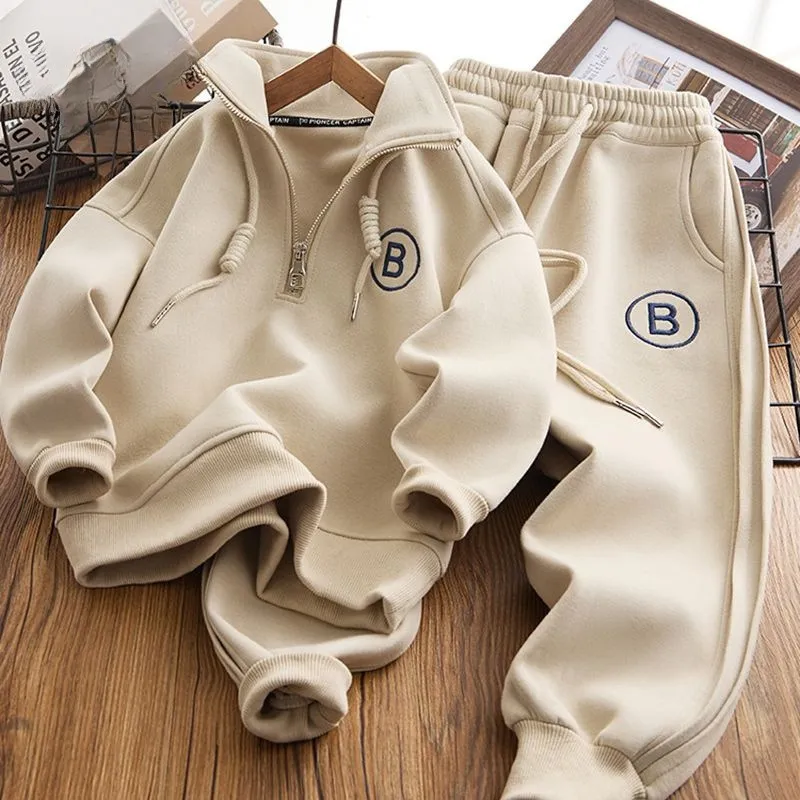 Kids Boy's Fashion Casual Autumn Winter Letter Embroidered Lapel Sweatshirt Loose Pants Two-Piece Set