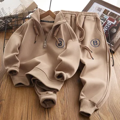 Kids Boy's Fashion Casual Autumn Winter Letter Embroidered Lapel Sweatshirt Loose Pants Two-Piece Set