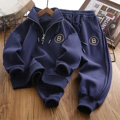 Kids Boy's Fashion Casual Autumn Winter Letter Embroidered Lapel Sweatshirt Loose Pants Two-Piece Set