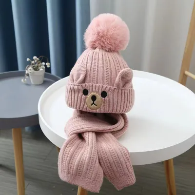 Kids Cute Autumn Winter Solid Color Knitted Bear Scarf Hat Two-Piece Set