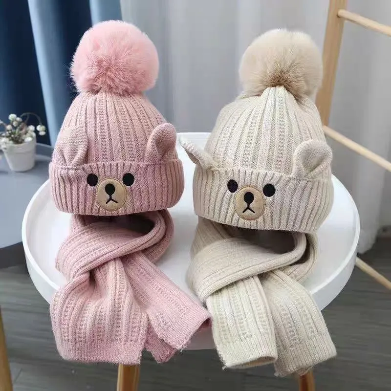 Kids Cute Autumn Winter Solid Color Knitted Bear Scarf Hat Two-Piece Set