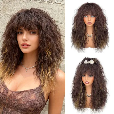 Fashion African Fluffy Long Curly Wig with Bangs High Temperature Wire