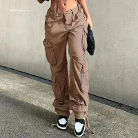 Pantalones cargo casuales de cintura baja de color sólido para mujer