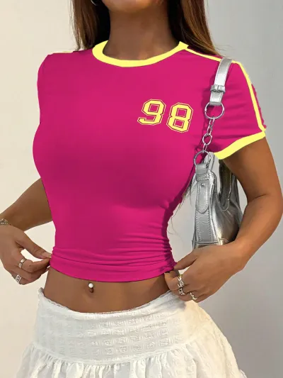 Women Sexy Printed Short-Sleeve Slim Fit Crop Top