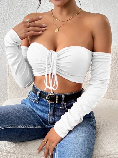 Women Sexy Solid Color Drawstring Long Sleeve Crop Top