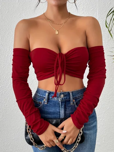 Women Sexy Solid Color Drawstring Long Sleeve Crop Top