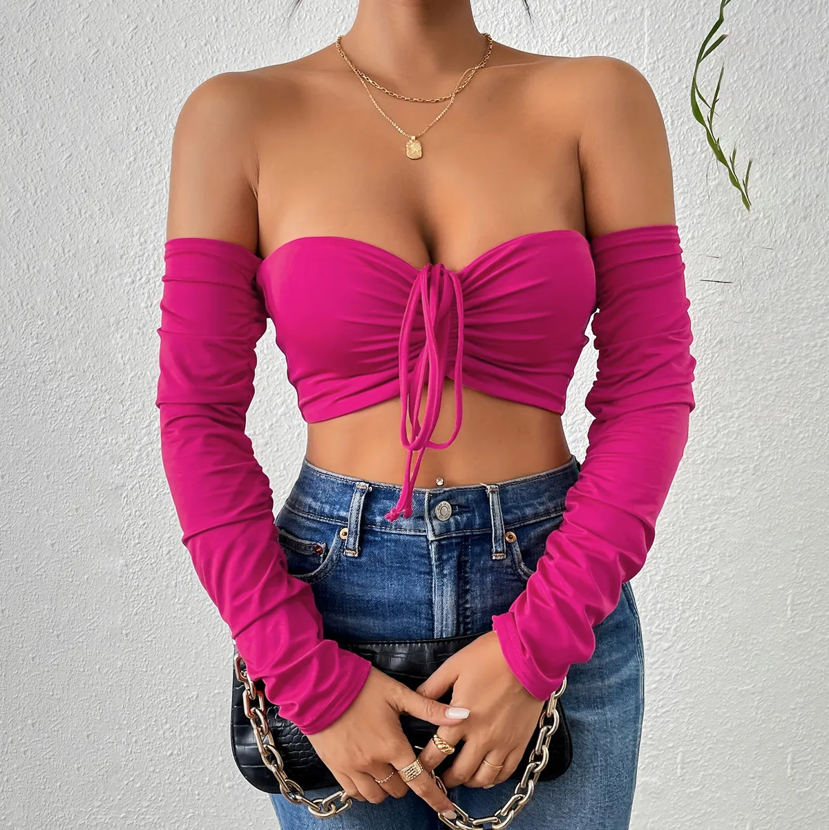 Women Sexy Solid Color Drawstring Long Sleeve Crop Top