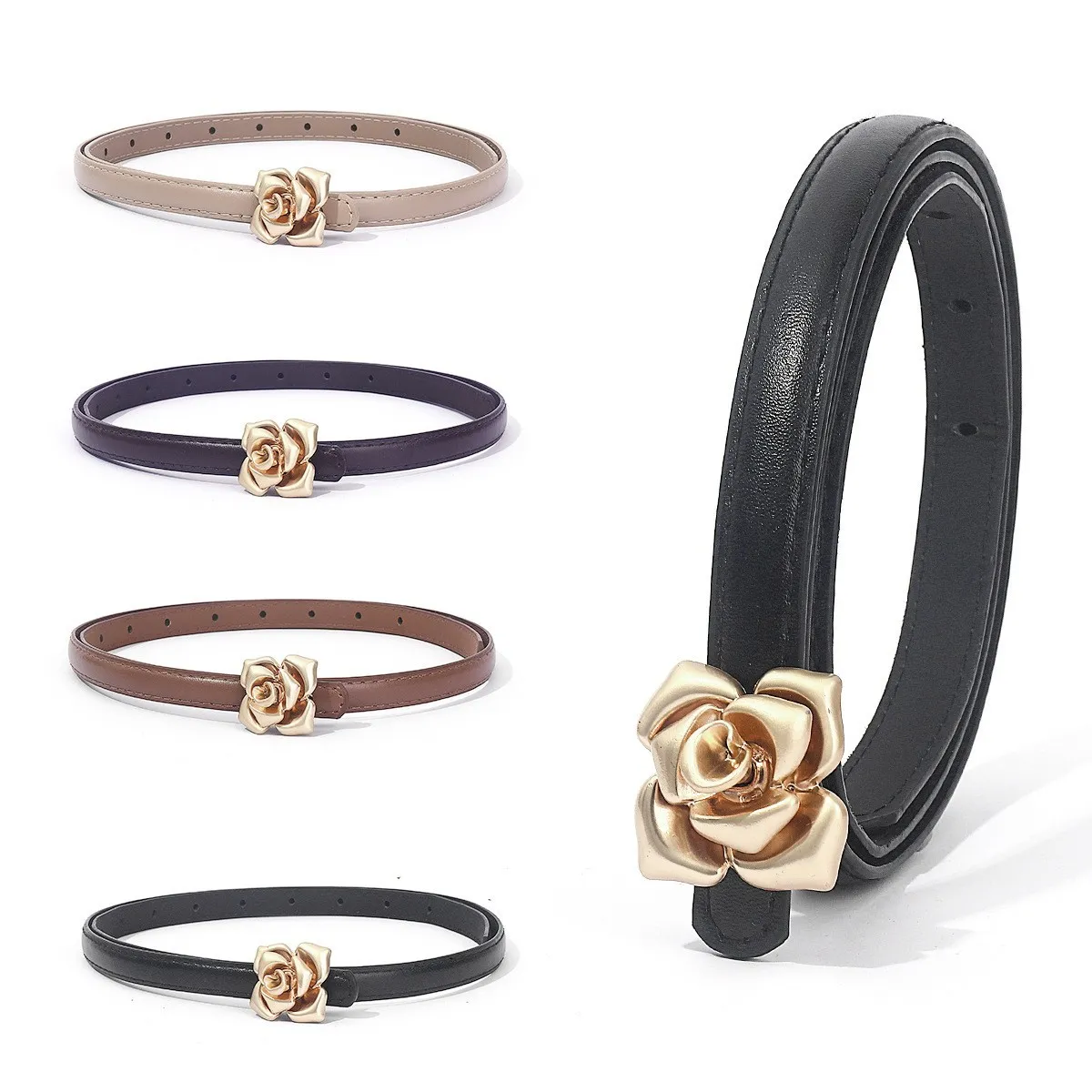 Women Fashion Elegant Simple Solid Color Flower Buckle Belt