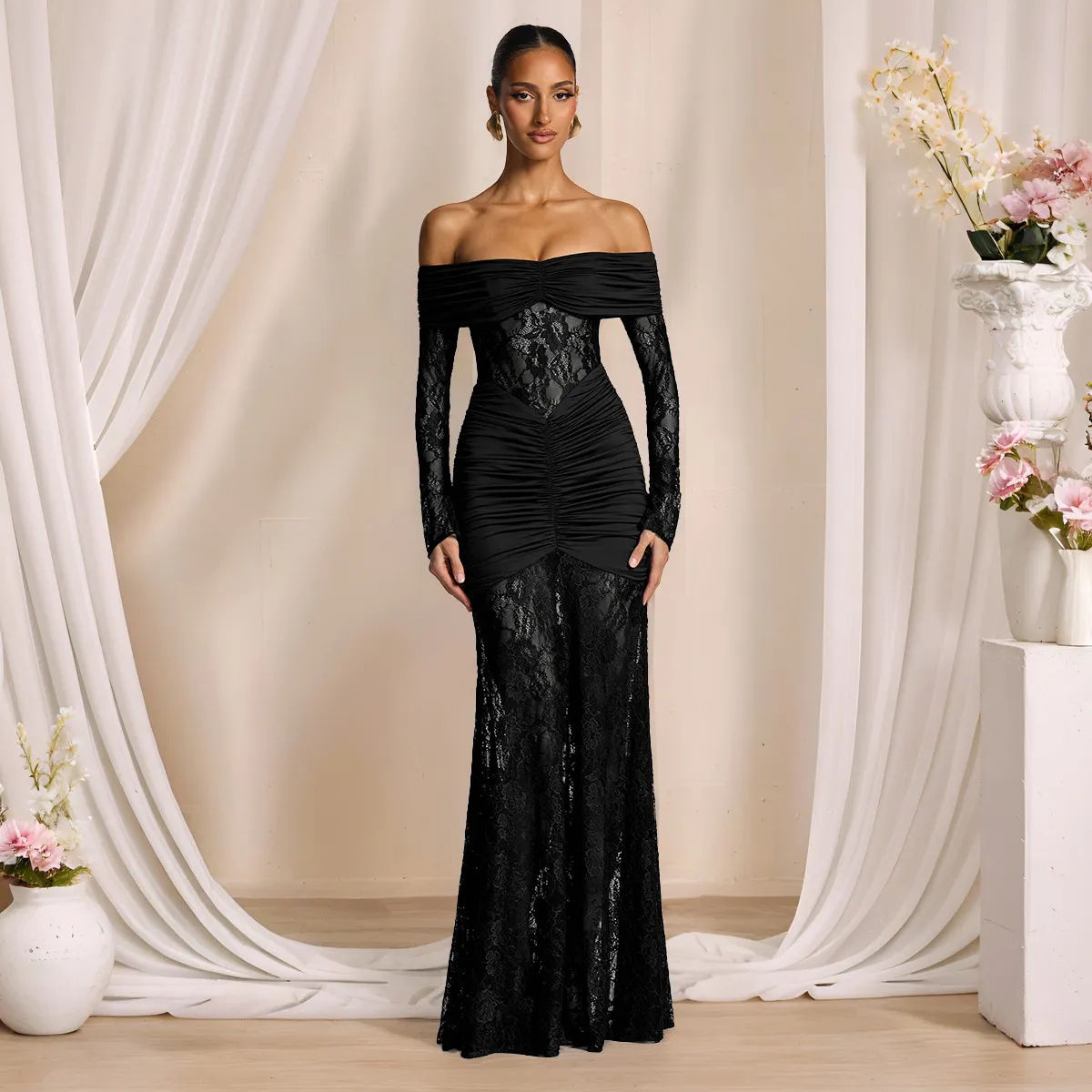 Women Elegant Lace Off-Shoulder Long Sleeve Party Dress