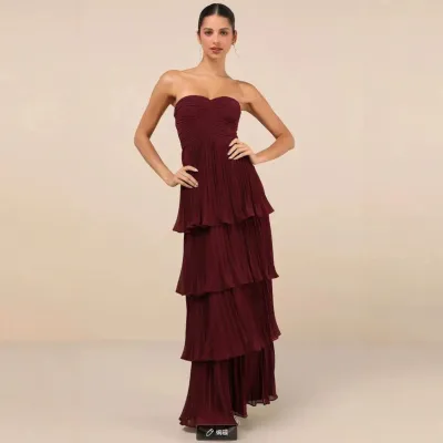 Women Sexy Solid Color Strapless Pleated Multi-Layer Party Dress
