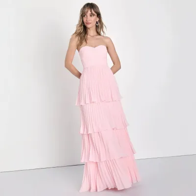 Women Sexy Solid Color Strapless Pleated Multi-Layer Party Dress