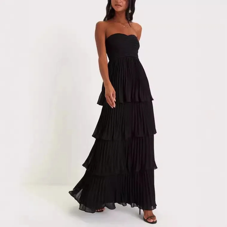 Women Sexy Solid Color Strapless Pleated Multi-Layer Party Dress