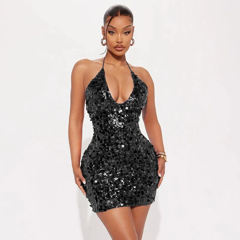 Women Sexy Solid Color Sequin Halter Neck Backless Bodycon Dress
