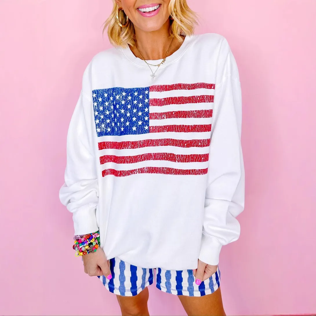 Women Casual American Flag Print Round Neck Long Sleeve Loose Sweatshirt
