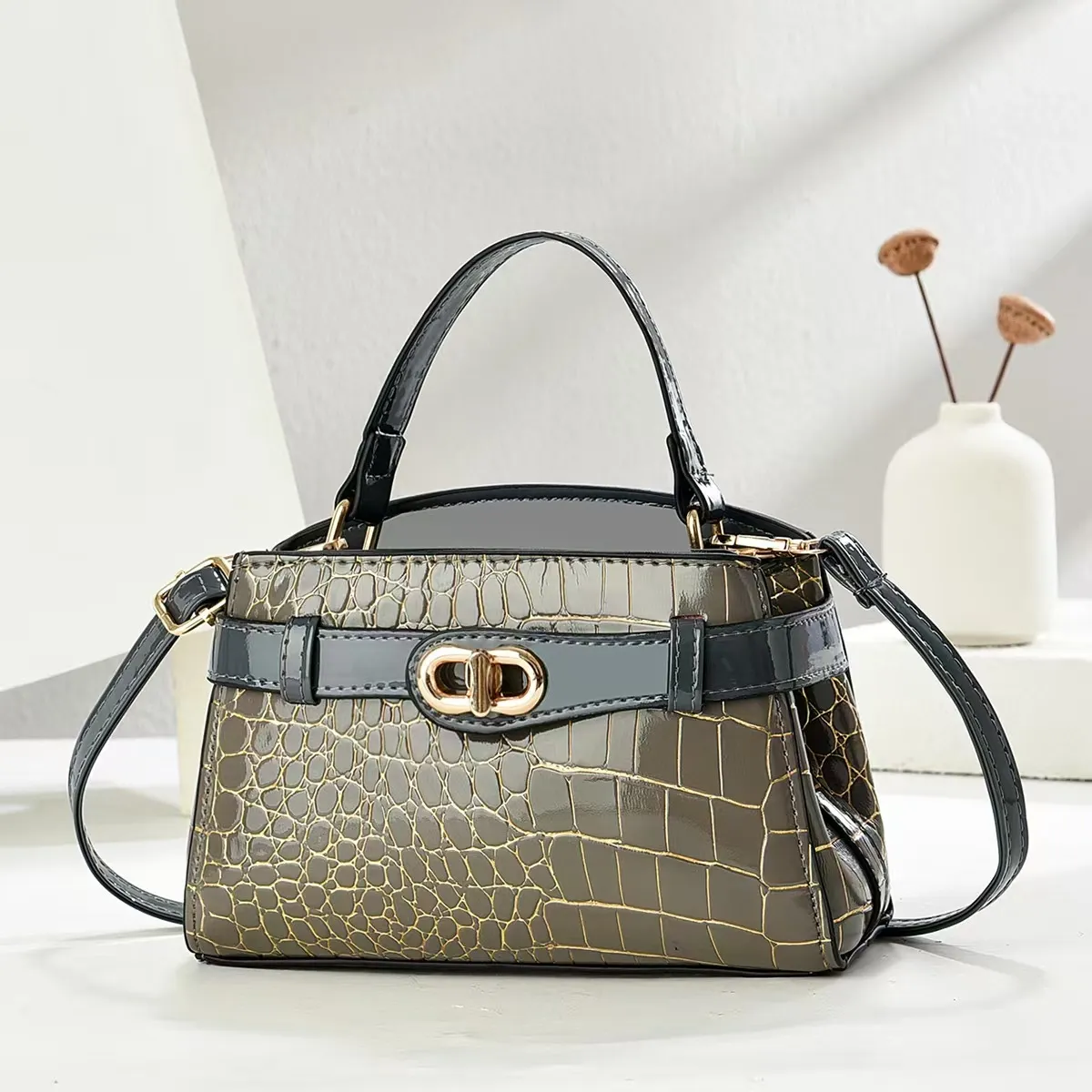 Women's Fashion Casual Stone Grain PU Handbag with Zipper Closure