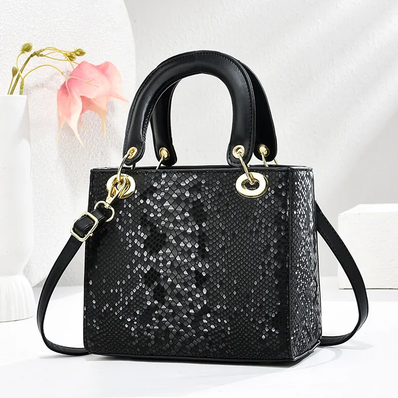 Women Fashion Simple Solid Color Snake Pattern PU Handbag