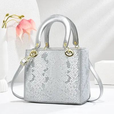 Women Fashion Simple Solid Color Snake Pattern PU Handbag