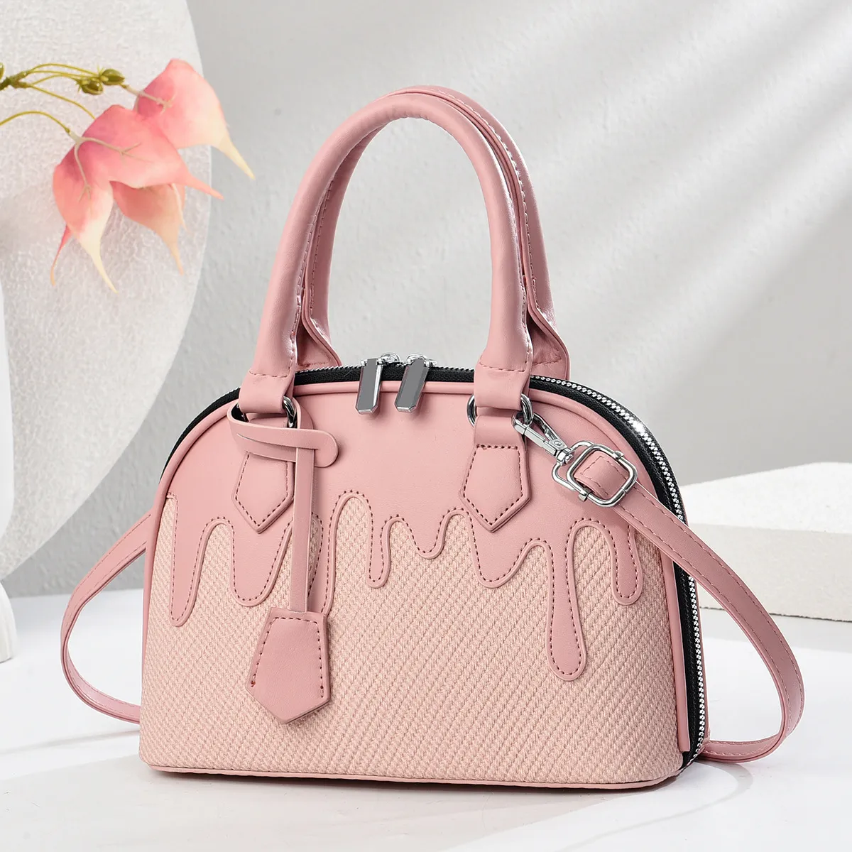 Women Fashion Casual Stitching Large Capacity PU Handbag with Zipper