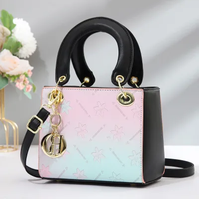Women Fashion Casual Color Contrast Printed PU Small Bucket Handbag