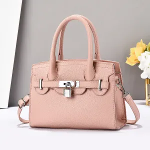 Women Fashion Casual Solid Color Litchi Pattern PU Tote Handbag