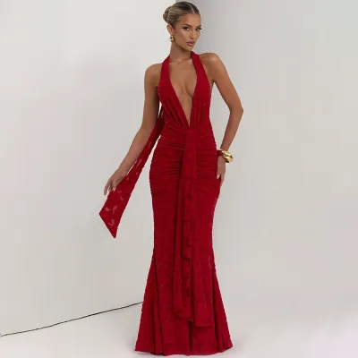 Women Sexy Backless Lace-Up Deep V-Neck Pleated Fishtail Maxi Dress