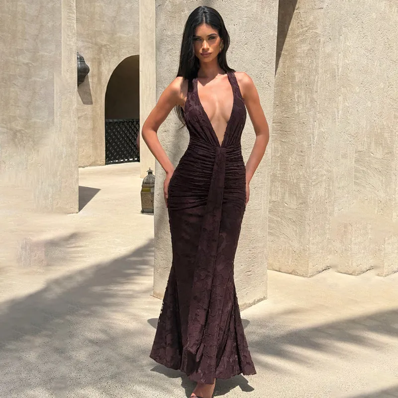 Women Sexy Backless Lace-Up Deep V-Neck Pleated Fishtail Maxi Dress