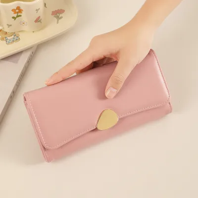 Women Fashion Casual Solid Color Litchi Pattern Triple Folding Long Wallet