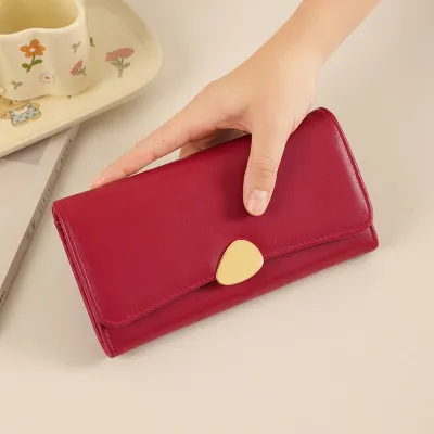 Women Fashion Casual Solid Color Litchi Pattern Triple Folding Long Wallet